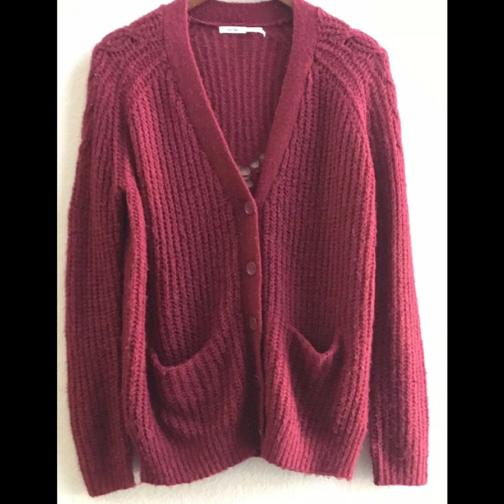 KIMCHI BLUE BURGUNDY RED KNIT BUTTTON-UP CARDIGAN SWEATER SIZE SMALL PRE-OWNED